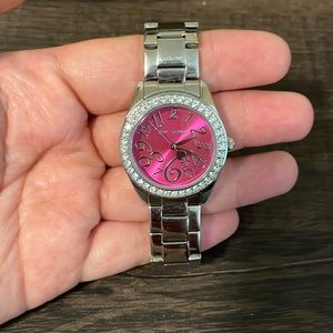 Betsy Johnson Watch Silver, Hot Pink, Cubic Zirconia bezel.